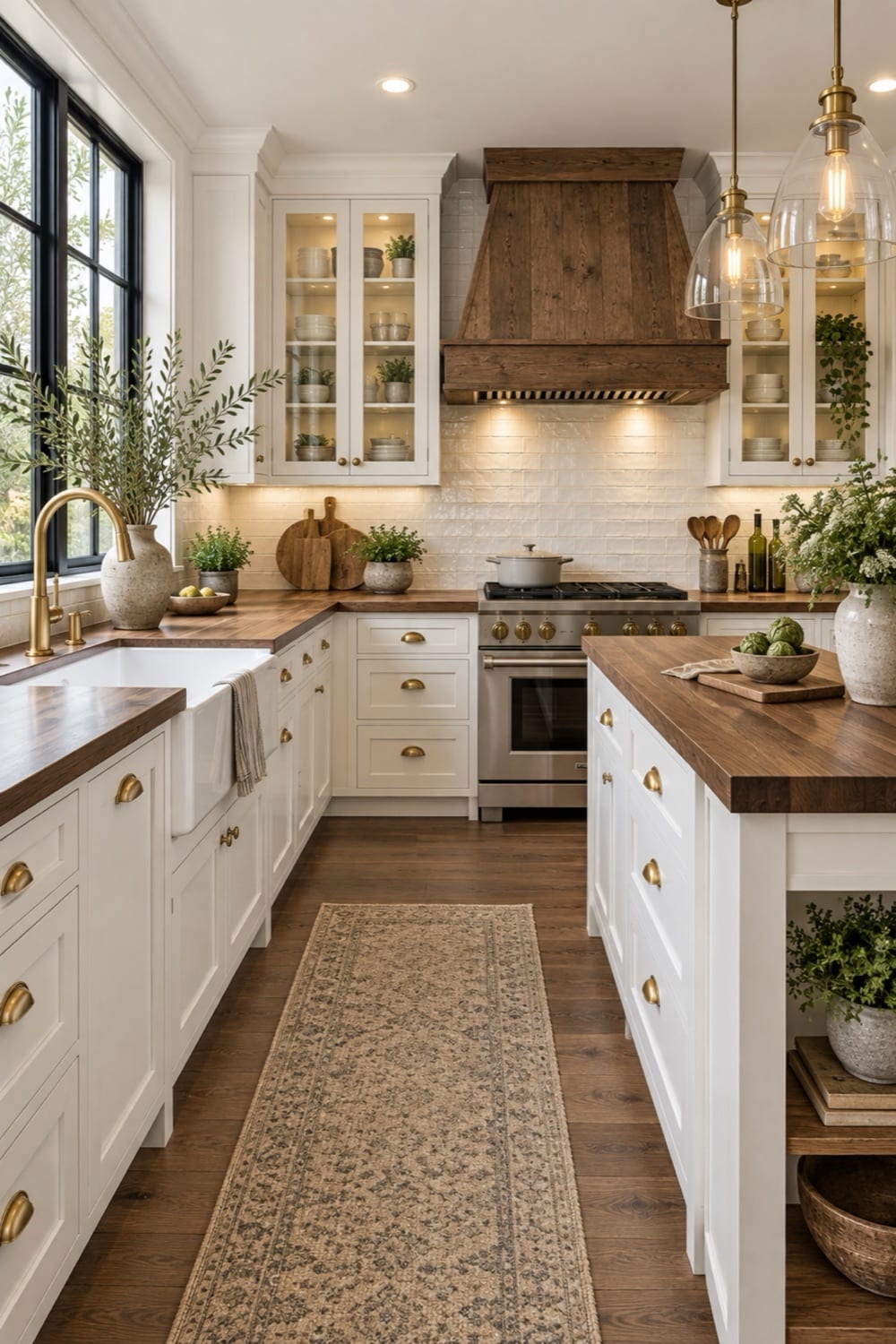 Bright farmhouse kitchen with new wide-plank hardwood flooring, white cabinets and a wood-topped island