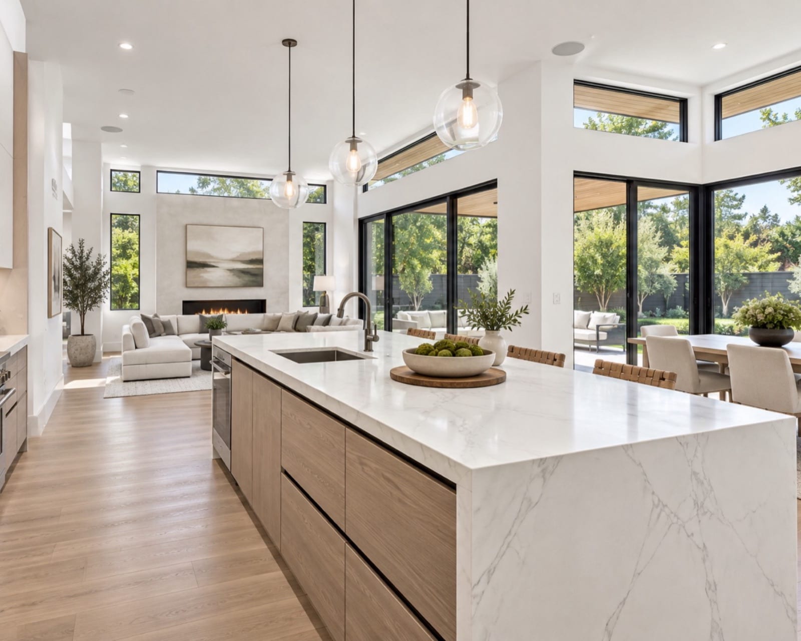 Freshly painted open-plan kitchen and living room with white walls and an oak island