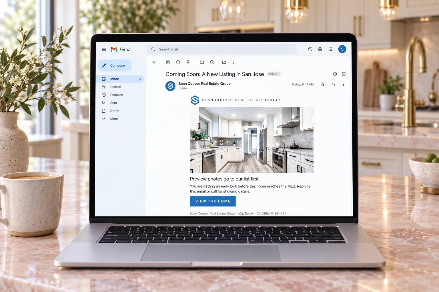 A coming-soon listing email from Sean Cooper Real Estate Group open in Gmail on a laptop