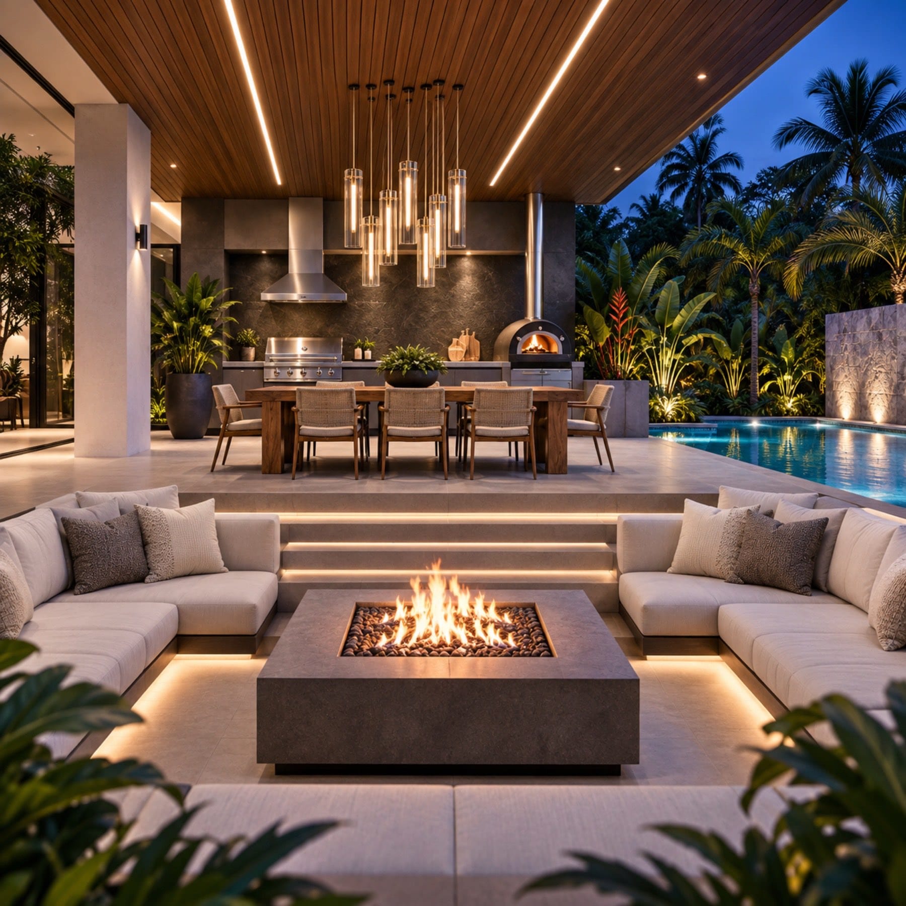 Outdoor lounge with fire pit and pool at dusk