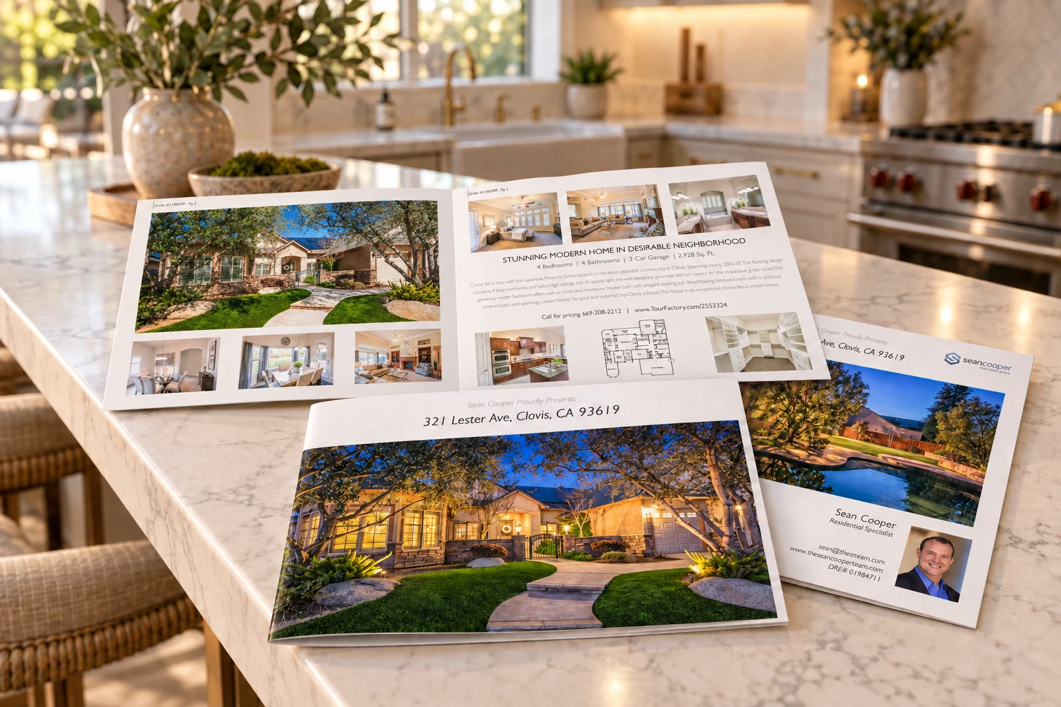 Printed property brochures for 321 Lester Ave on a kitchen island
