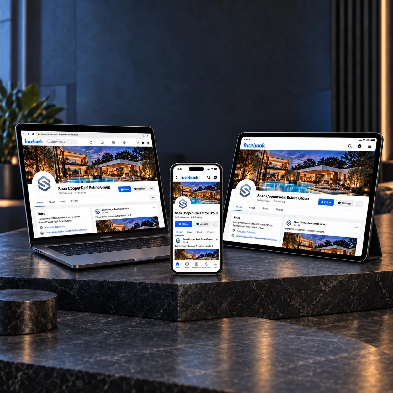 The Sean Cooper Real Estate Group Facebook page shown on a laptop, a phone and a tablet