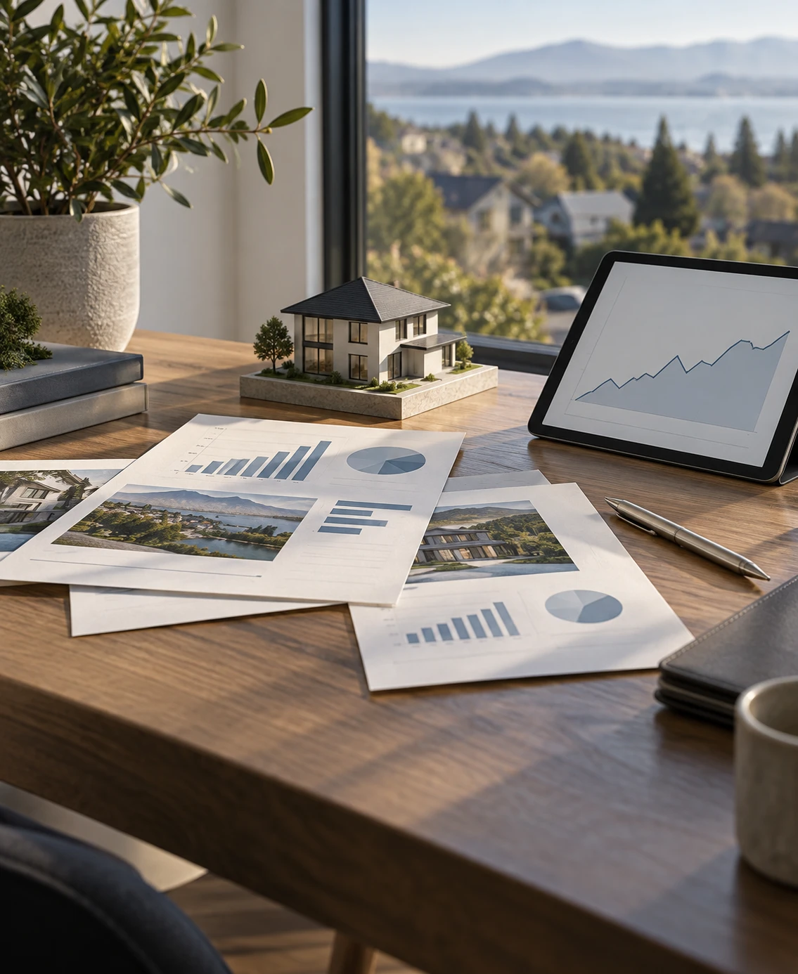 Market reports and charts on a desk