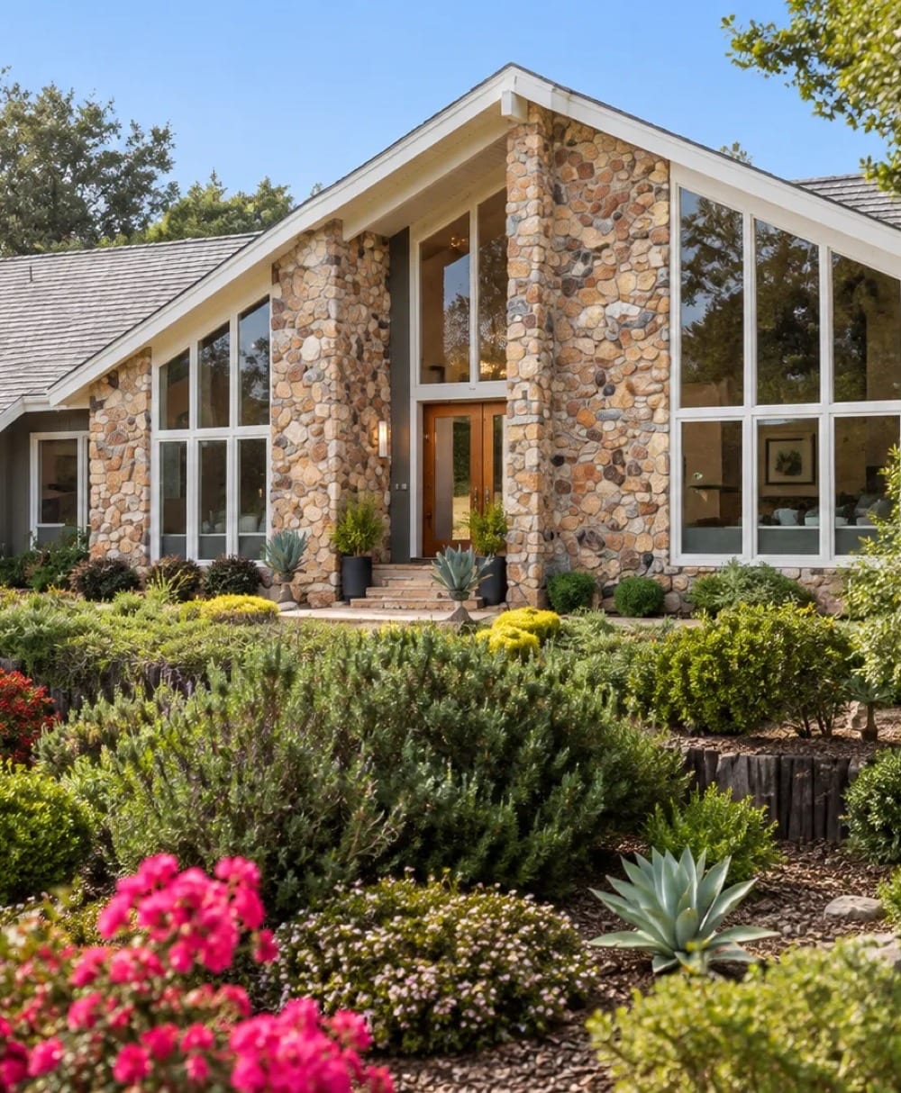 Front entry of 28100 Story Hill Ln, Los Altos Hills, with its stone columns and glass gable