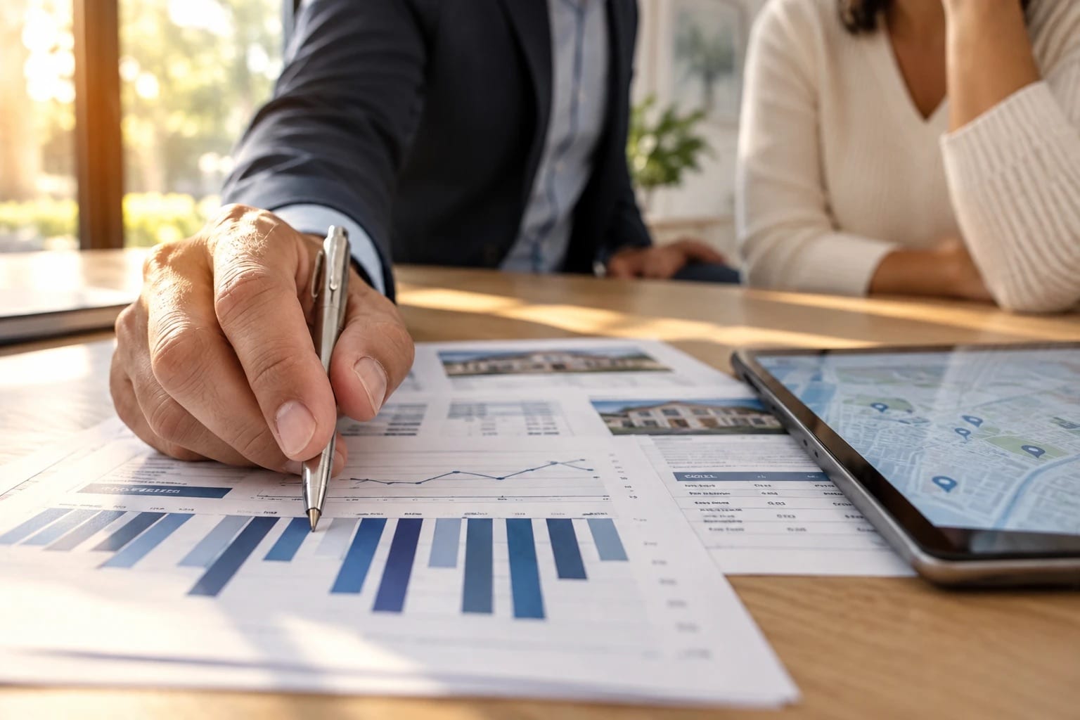 Agent pointing with a pen at comparable-sales charts on a dining table while a homeowner looks on