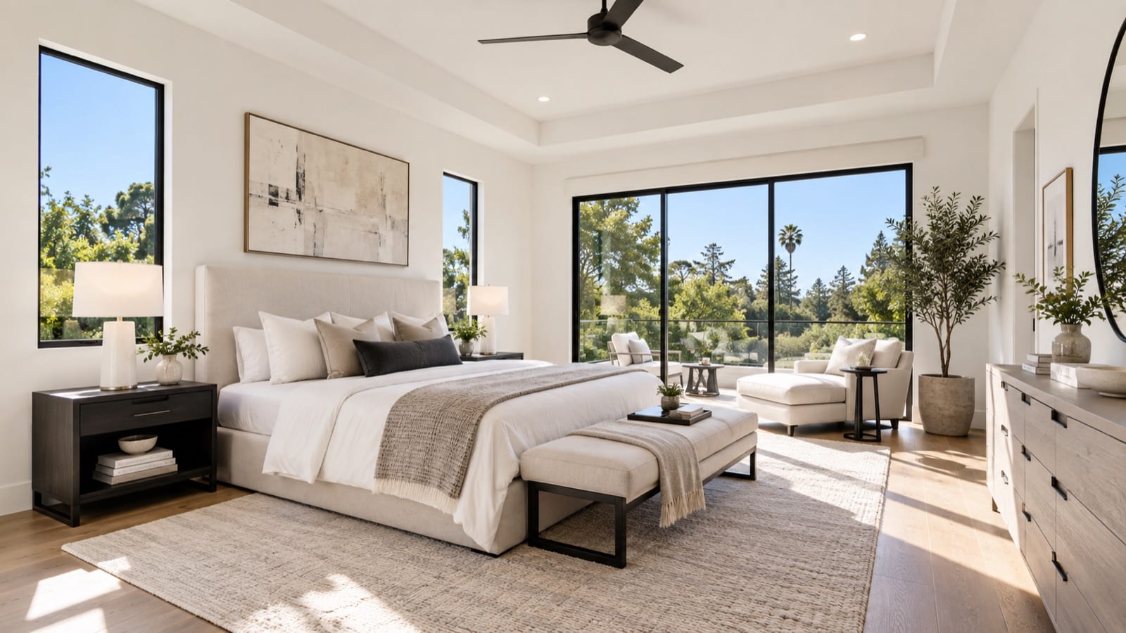 Staged primary bedroom with neutral bedding and garden views