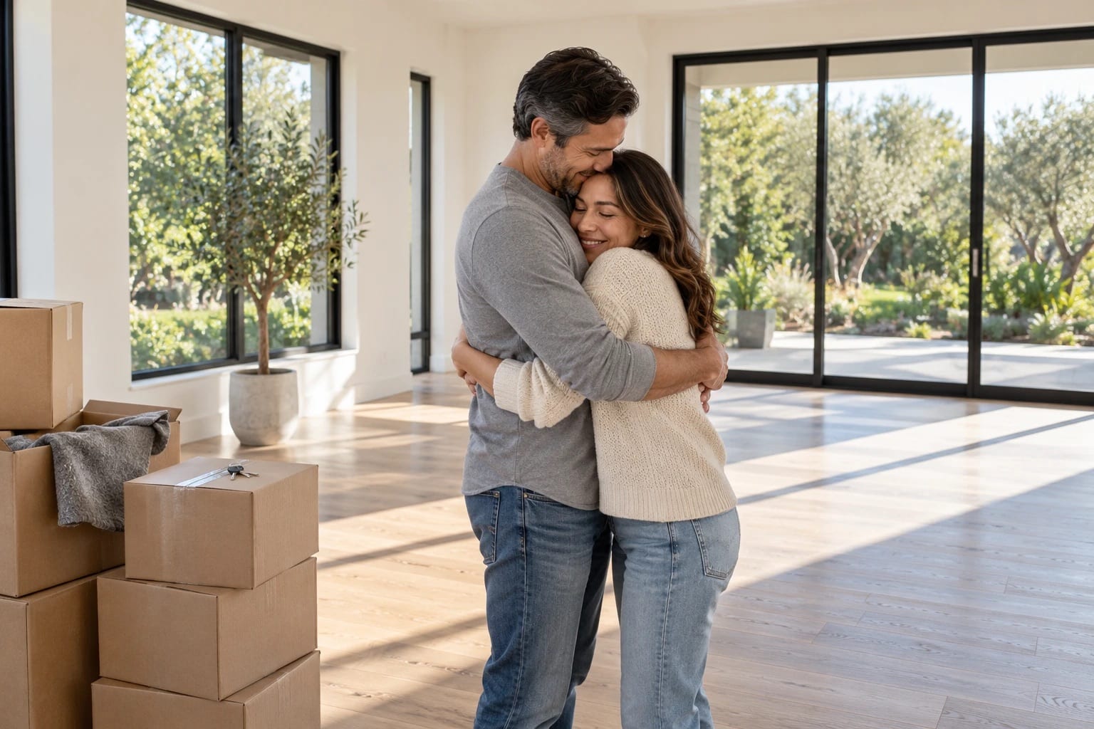 Couple embracing in their empty living room on closing day, moving boxes and house key beside them