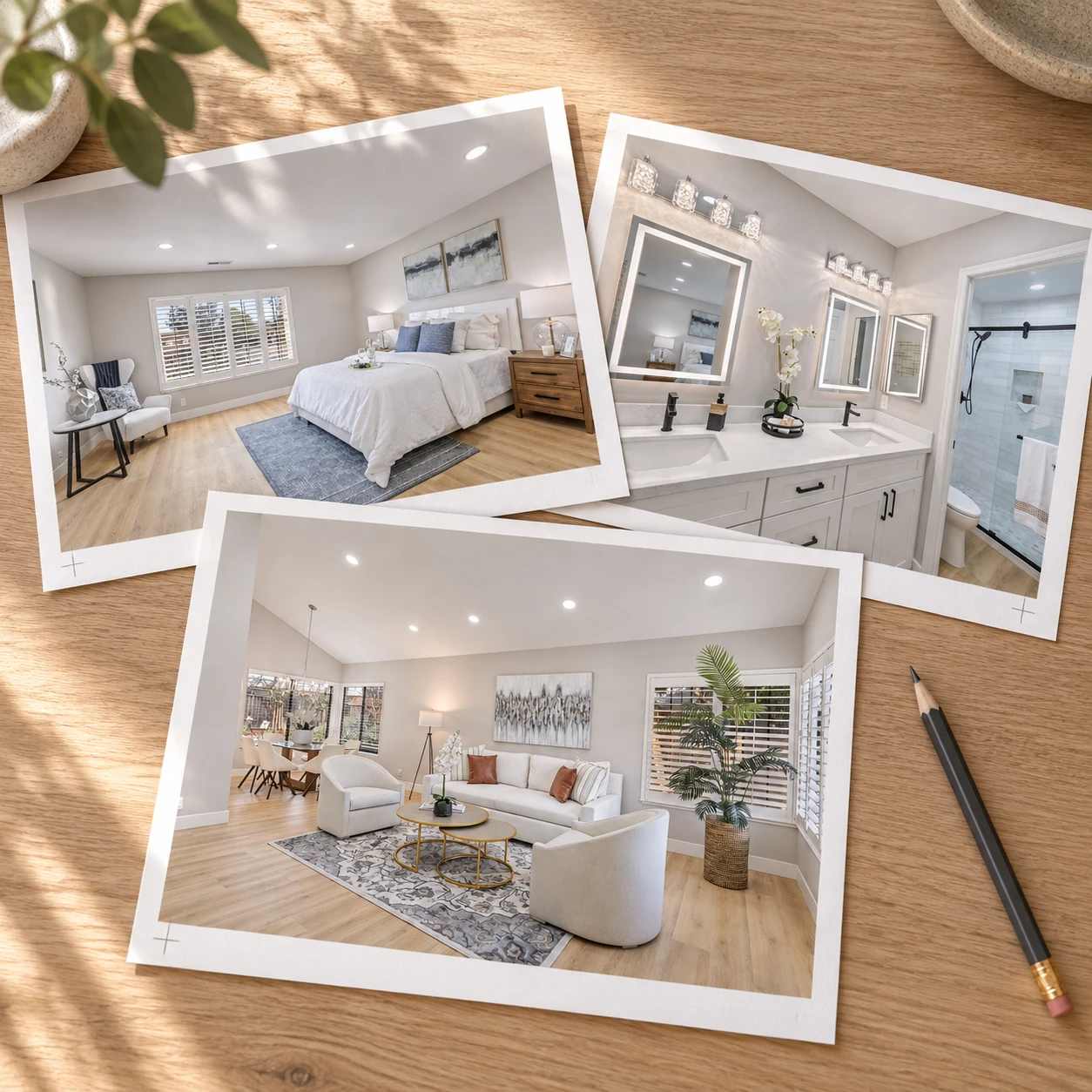 Printed photos of the staged Rio Lobo primary bedroom, bathroom and living room laid out on a wood table