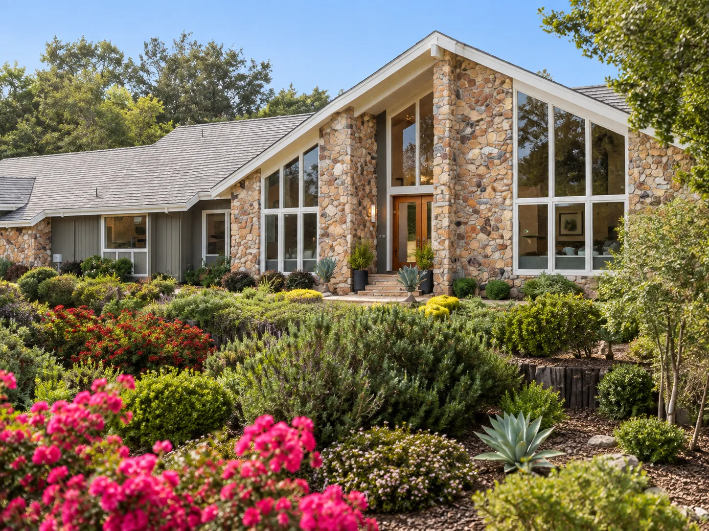 Front entry of 28100 Story Hill Lane with its stone columns, glass gable and terraced garden