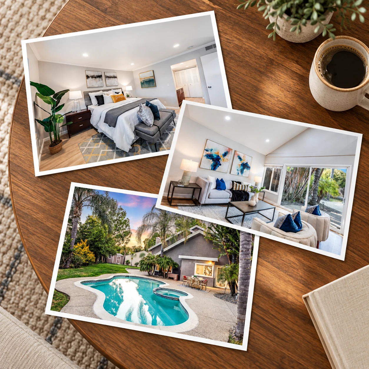 Printed photos of the staged Via Lomas primary bedroom, living room and backyard pool laid out on a wood table